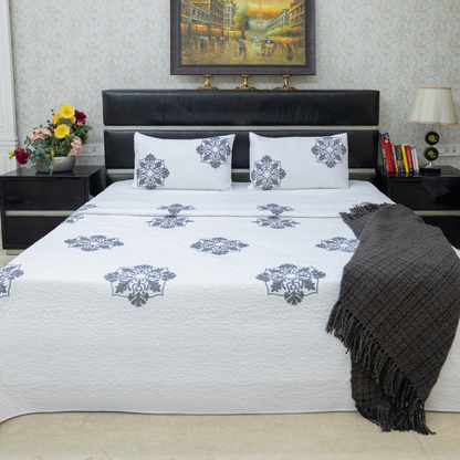 Mosaic embroidered bed cover charcoal