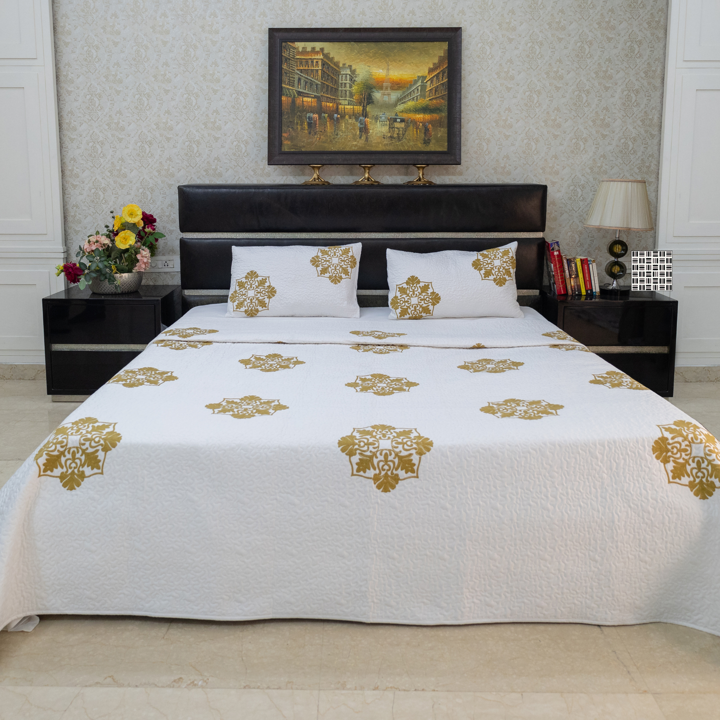 Mosaic embroidered bed cover yellow