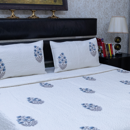 Floral sonata embroidered bed cover blue