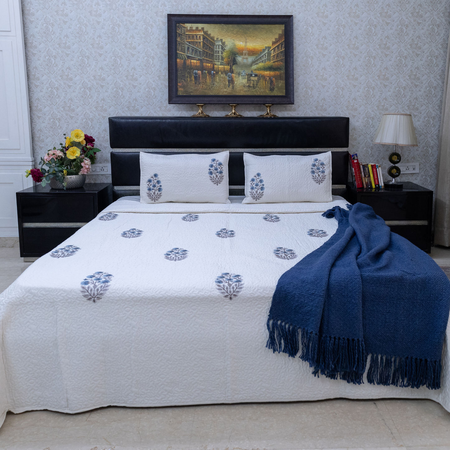 Floral sonata embroidered bed cover blue