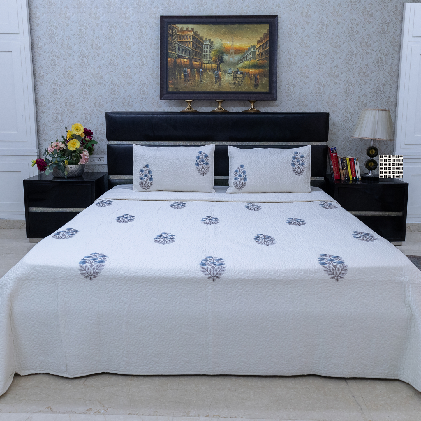 Floral sonata embroidered bed cover blue