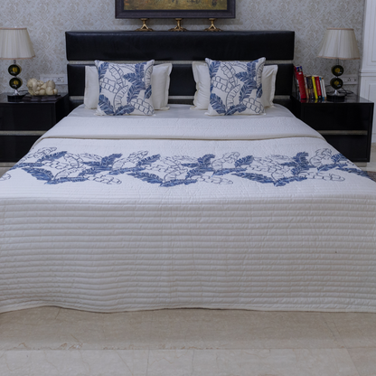 Palm Leaf embroidered  bed cover - blue