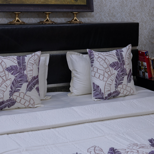 Palm Leaf embroidered  bed cover - purple