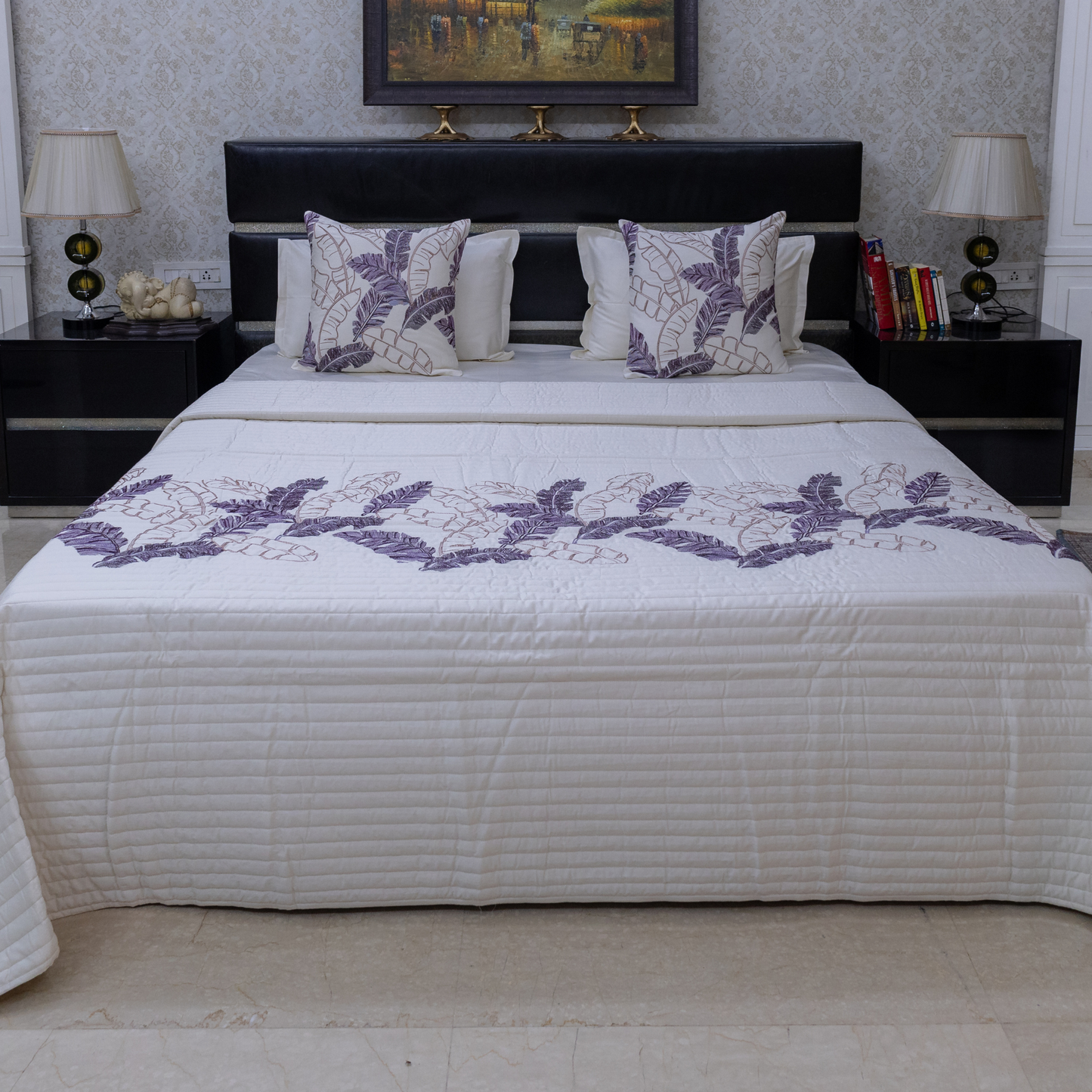 Palm Leaf embroidered  bed cover - purple