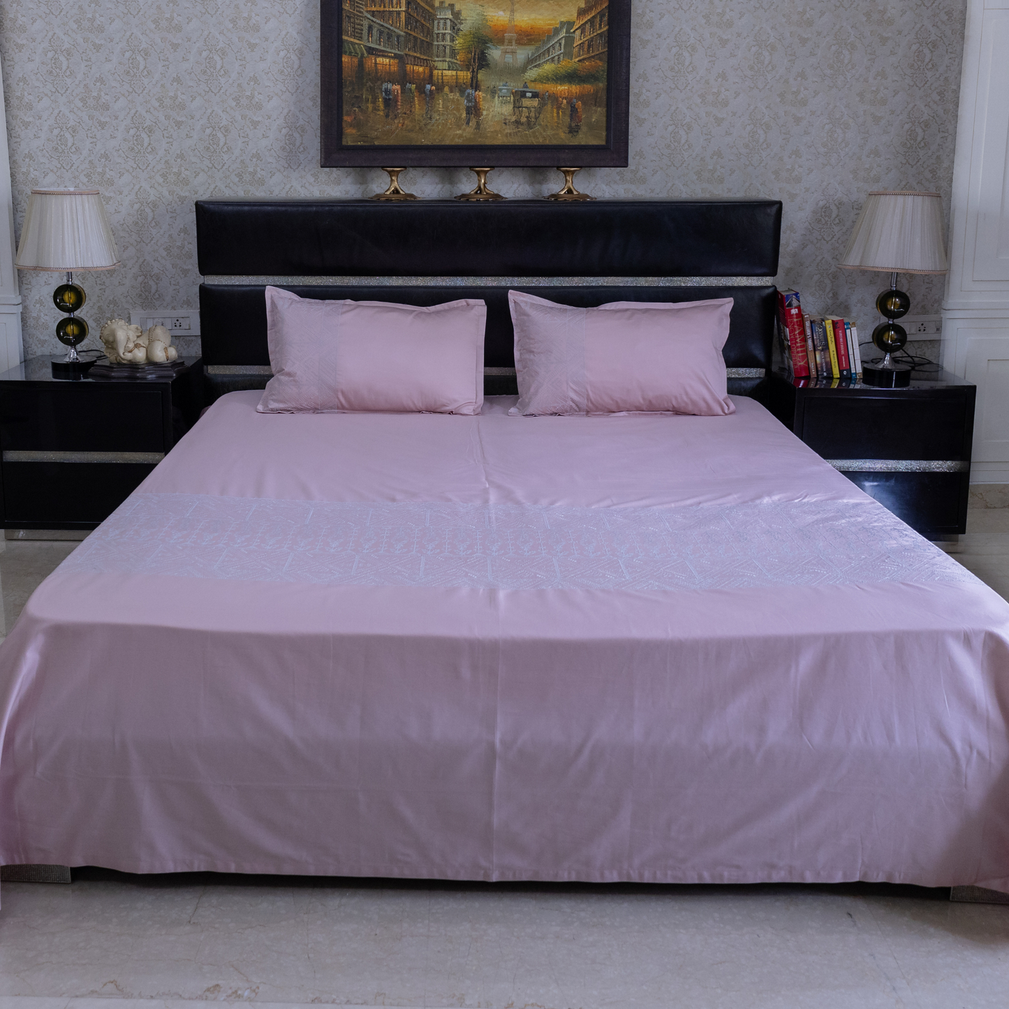 Cross stitch embroidered bedsheet - blush