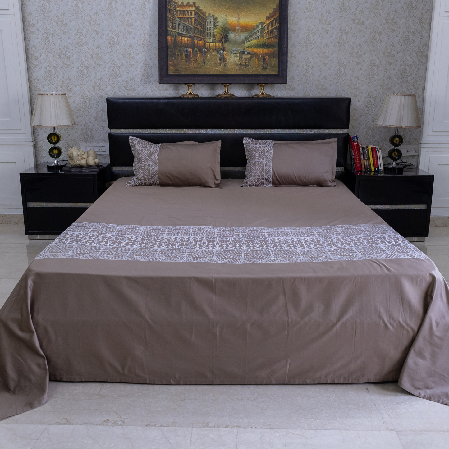 Cross stitch embroidered bedsheet - brown