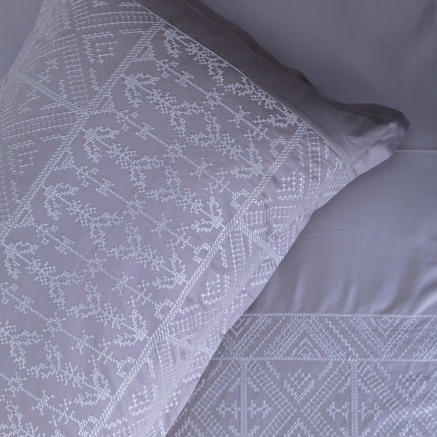 Cross stitch embroidered bedsheet - grey