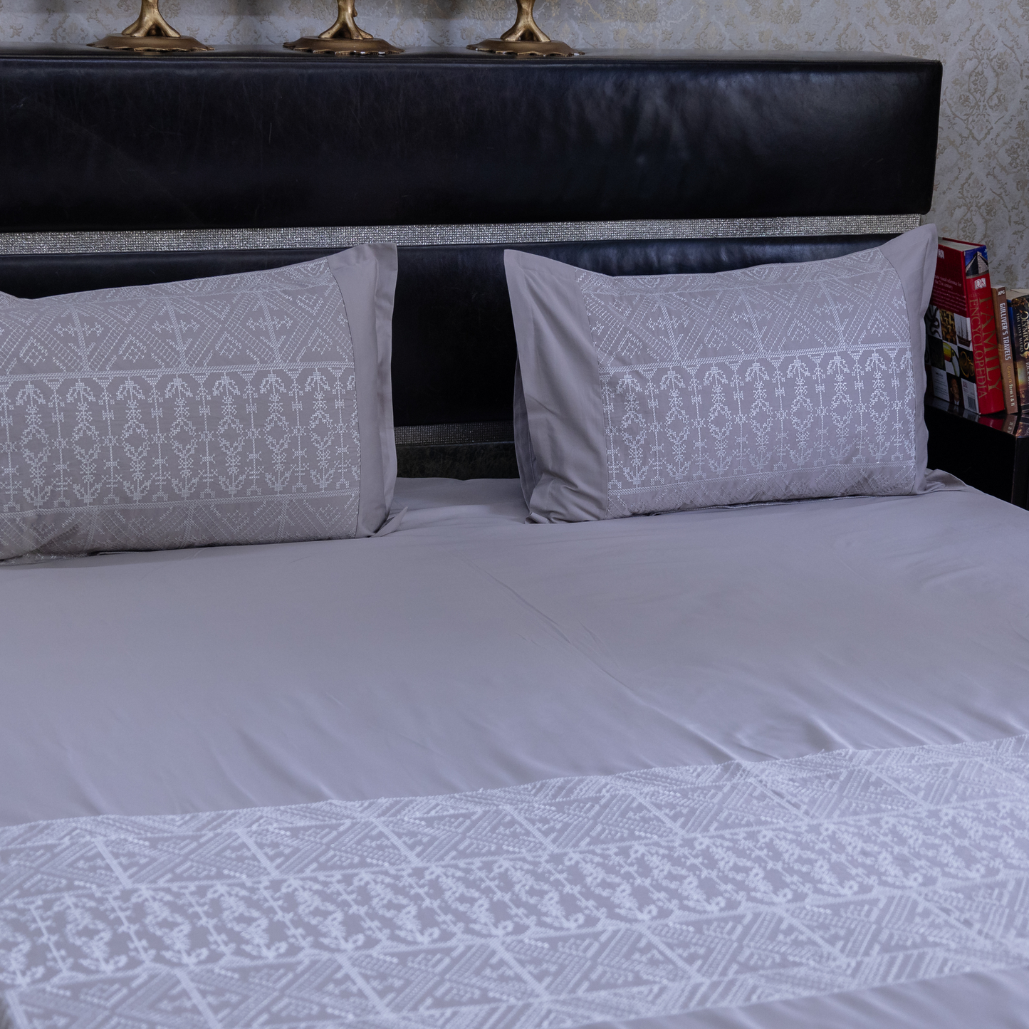 Cross stitch embroidered bedsheet - grey