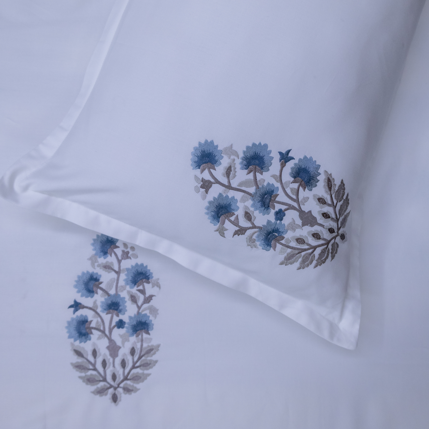 Floral Sonata Embroidered bedsheet - blue