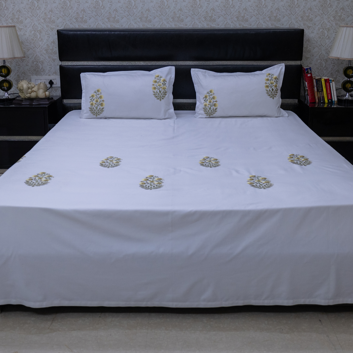 Floral Sonata Embroidered bedsheet - Yellow