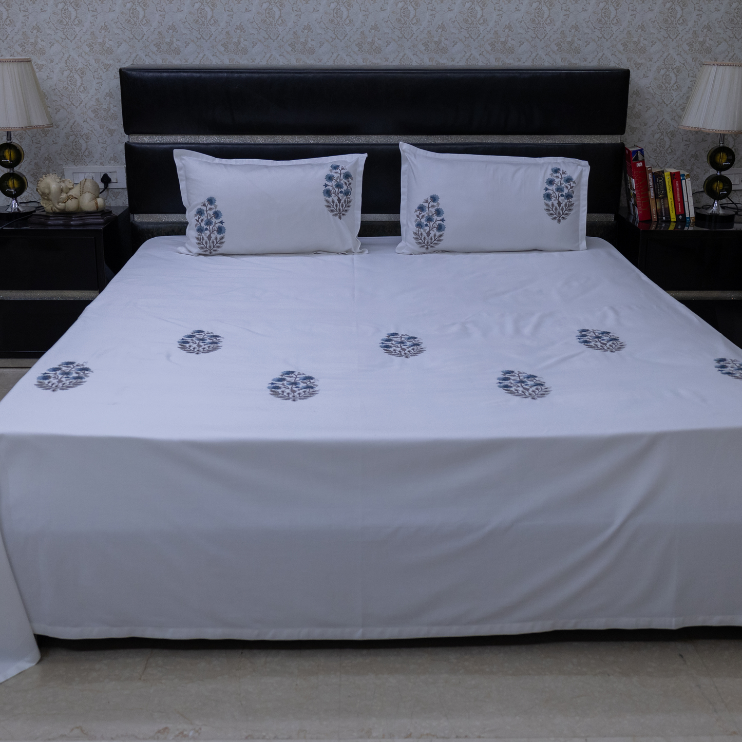 Floral Sonata Embroidered bedsheet - blue